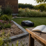 Jardin facile : pelouse tondue par robot et massifs de plantes vivaces