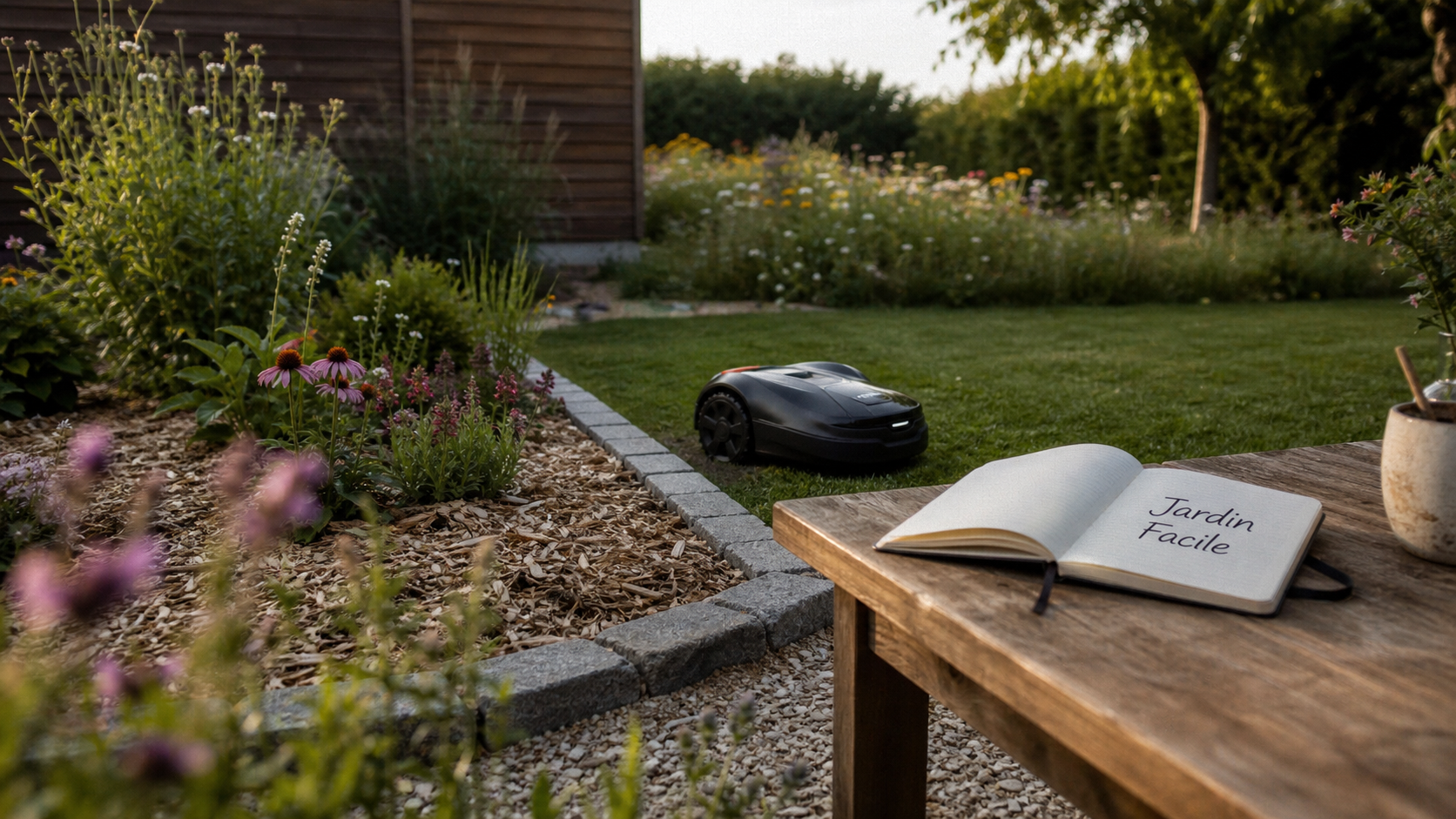Jardin facile : pelouse tondue par robot et massifs de plantes vivaces