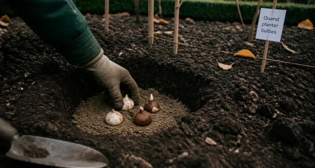 Quand planter bulbes : main place des tulipes et narcisses, terre et sable au jardin