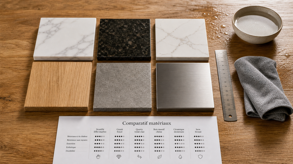 Tableau comparatif plan de travail cuisine : 6 matériaux sur table