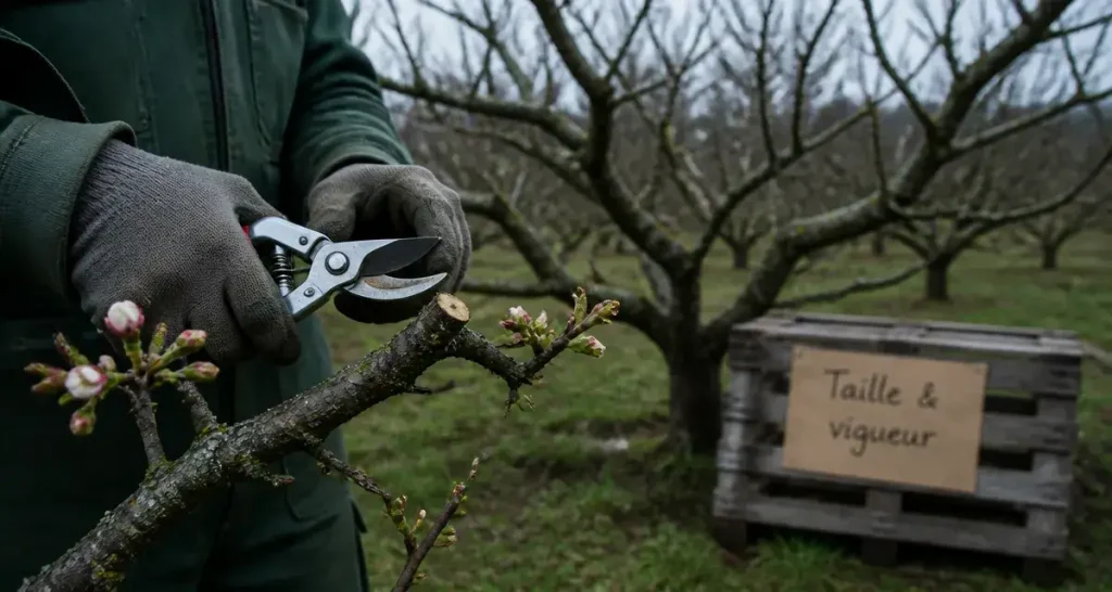 Tailler les arbres fruitiers : jardinier coupe une branche de pommier au sécateur