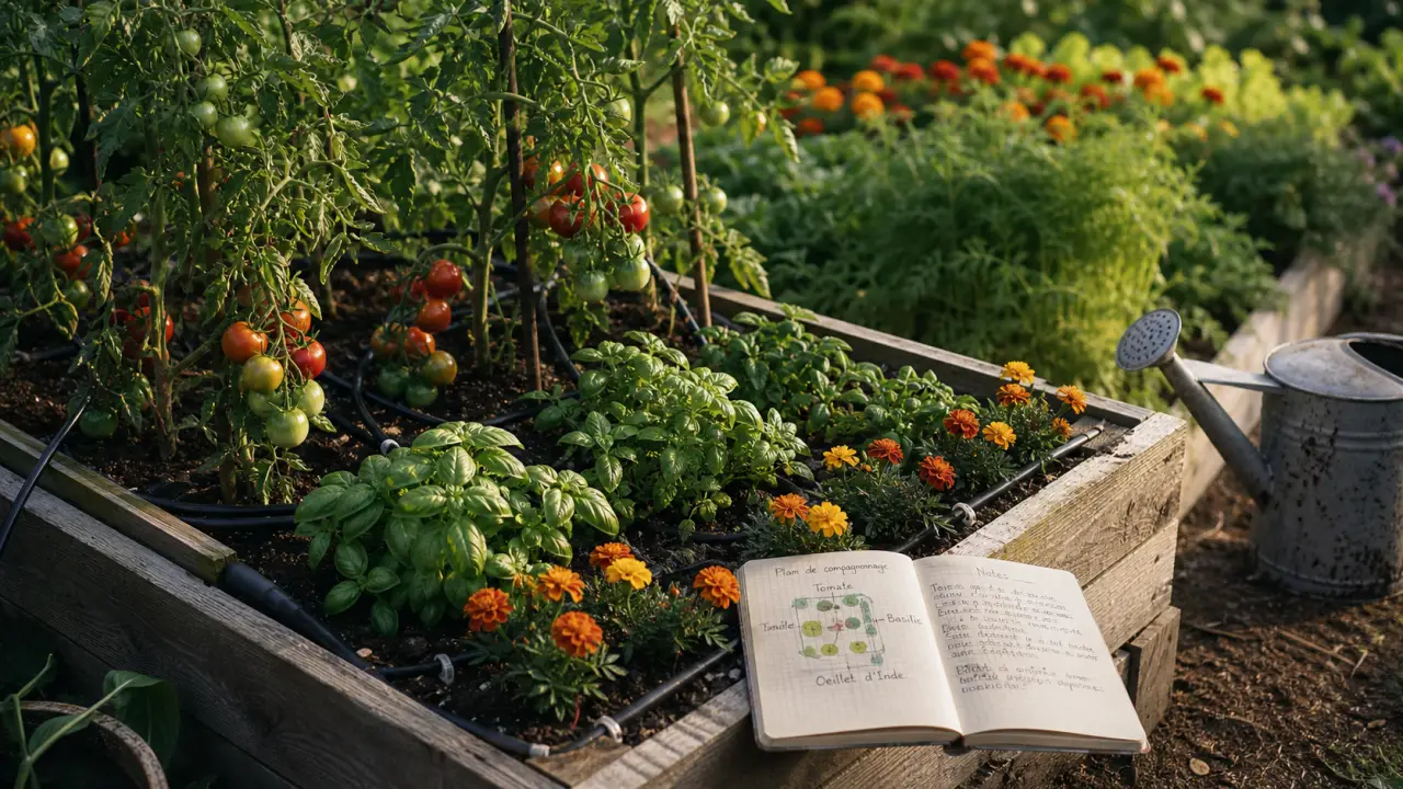 Association de plantes au potager : tomates avec basilic et œillets d’Inde