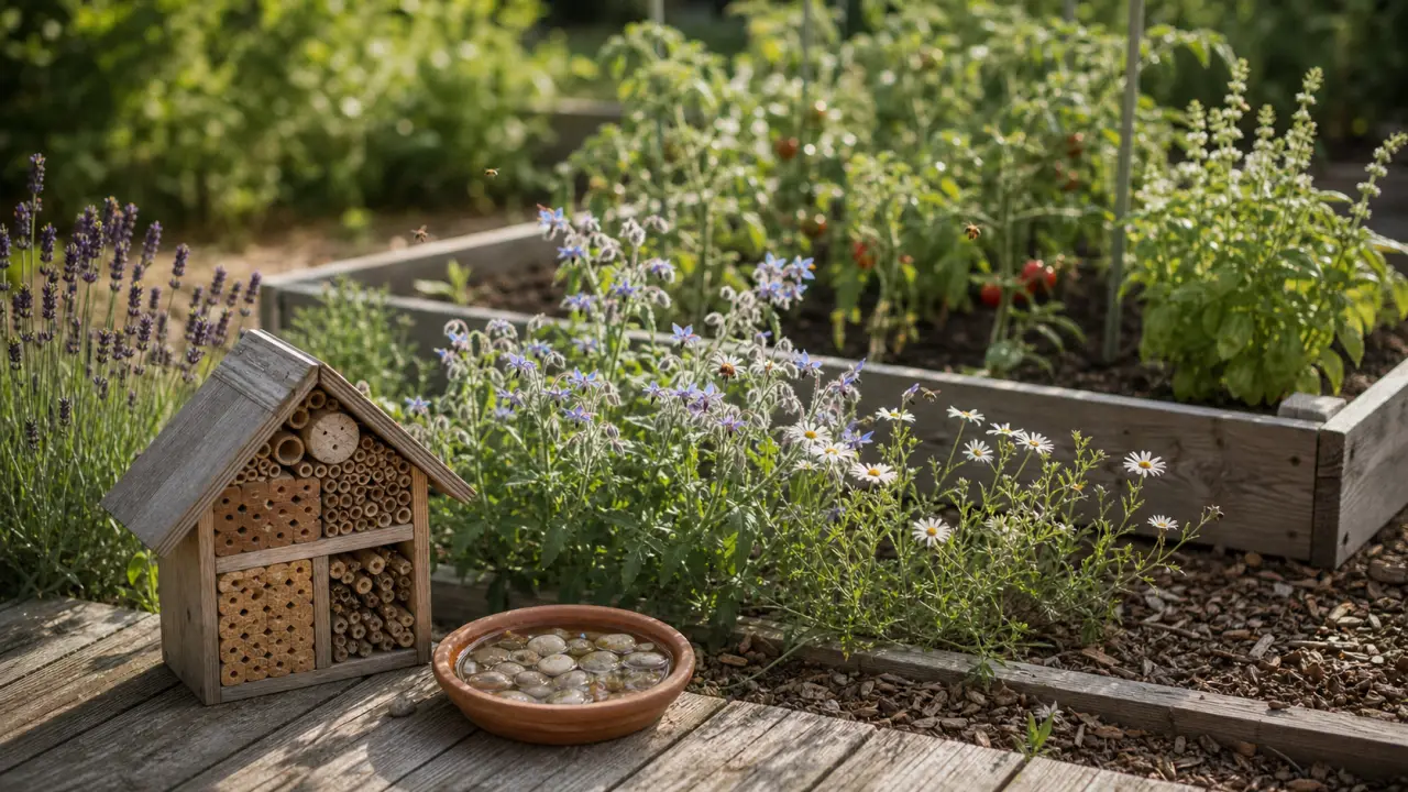 Attirer les pollinisateurs au jardin : hôtel à insectes et fleurs bordant le potager