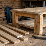 Bois de palette meuble : lames poncées pour table basse, atelier propre