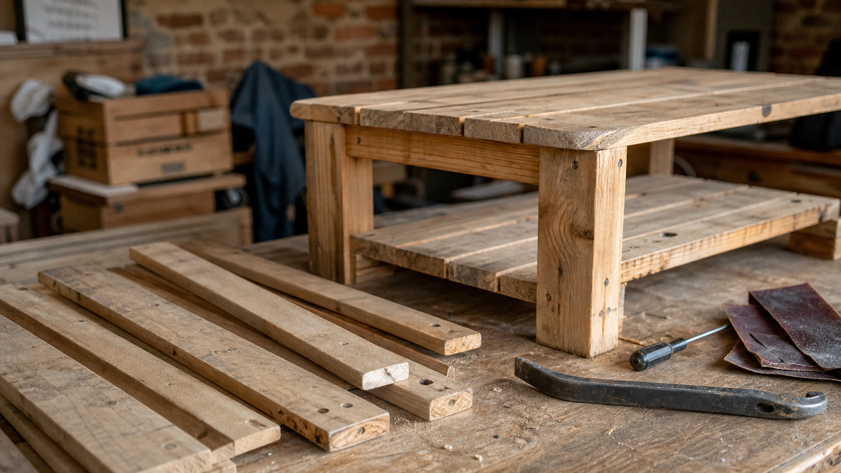 Bois de palette meuble : lames poncées pour table basse, atelier propre