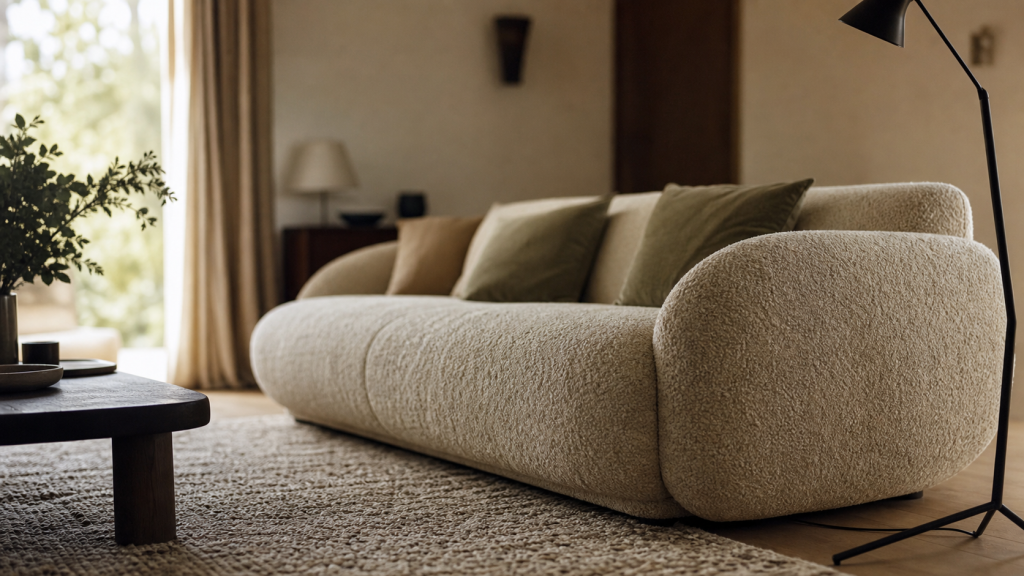 Canape tendance 2024, canapé bouclé beige clair, formes arrondies