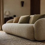 Canape tendance 2024, canapé bouclé beige clair, formes arrondies