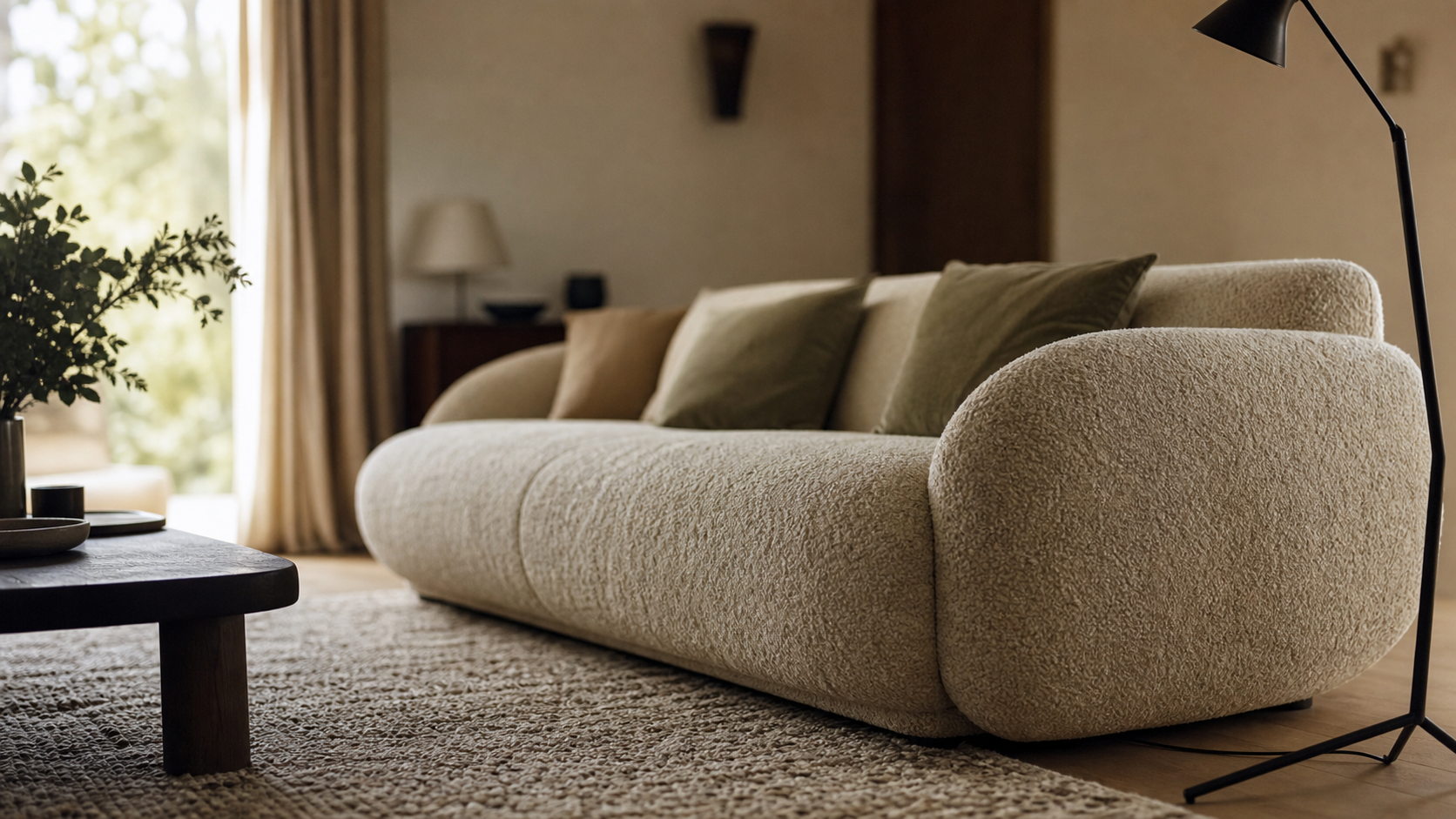 Canape tendance 2024, canapé bouclé beige clair, formes arrondies