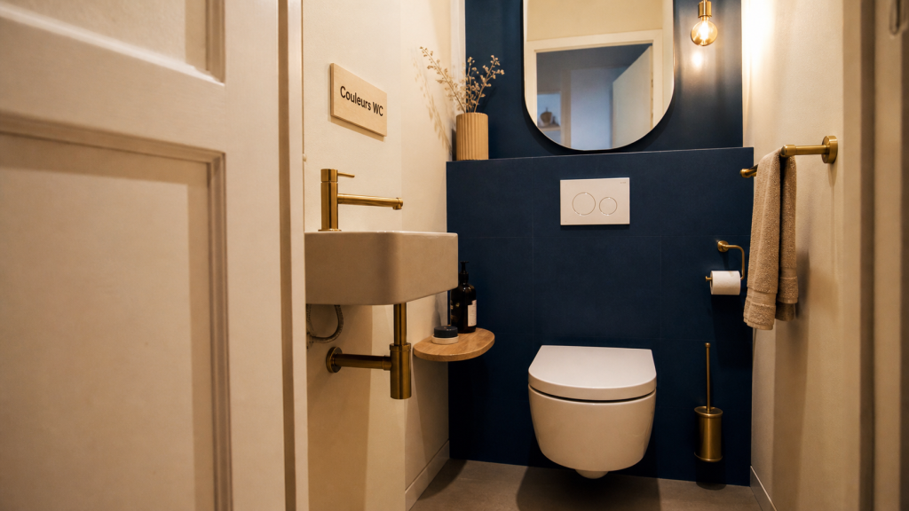 Couleur wc tendance 2024 : bleu saphir mat, blanc et terracotta