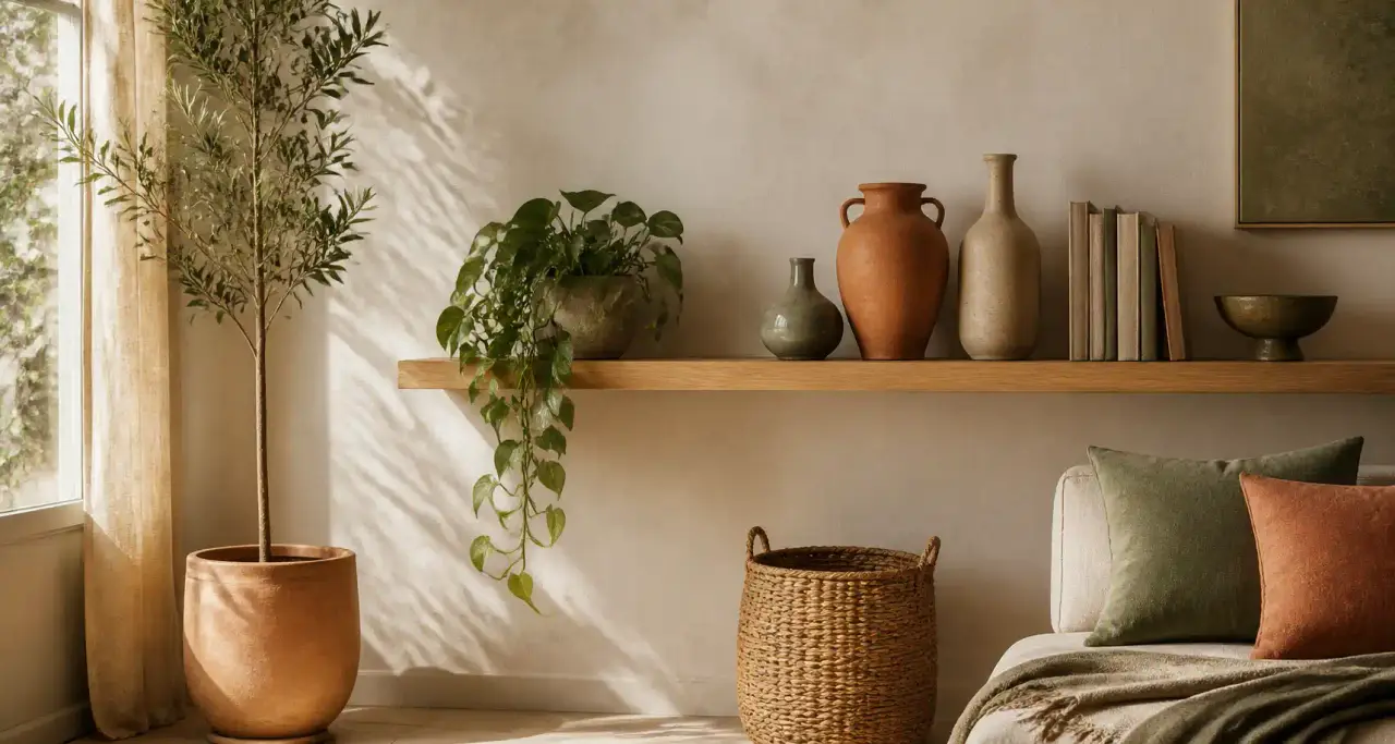 Coin déco : étagère en bois, céramiques et plante sur mur clair