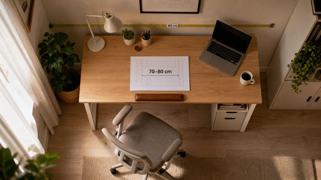 Distance entre bureau et mur : espace de 80 cm mesuré pour confort au bureau