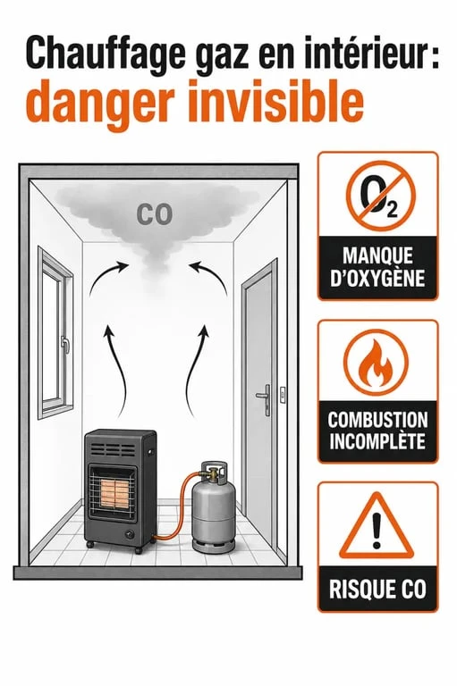 Schéma du chauffage gaz bouteille intérieur danger avec combustion incomplète et risque de monoxyde de carbone
