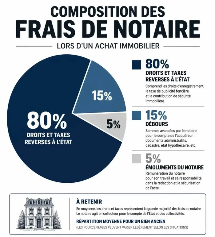 Composition des frais de notaire lors d'un achat immobilier : taxes, débours et émoluments