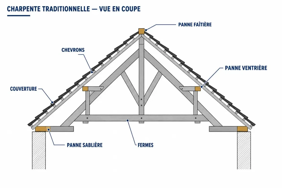 Schéma de panne charpente dans une toiture traditionnelle avec faîtière, sablière, pannes intermédiaires et chevrons