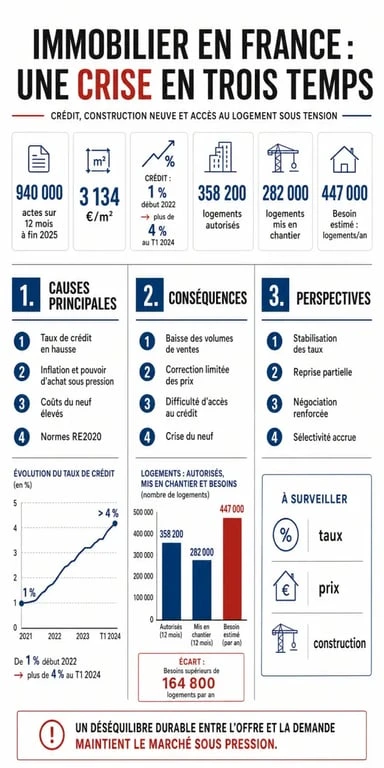 Infographie sur la crise de l'immobilier en France : causes, conséquences et perspectives du marché