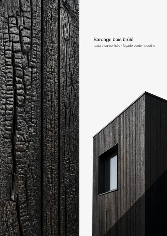 Bardage bois brûlé sur façade contemporaine avec texture noir charbon et nuances de finition