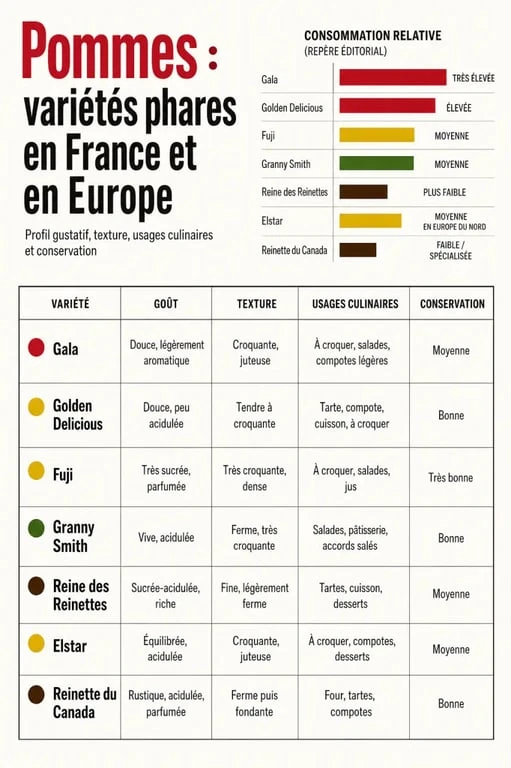 Variétés de pommes les plus consommées : tableau comparatif des goûts, textures, usages et conservation