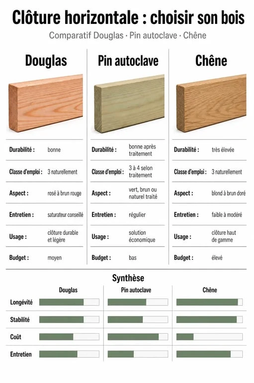 Comparatif des essences de bois pour clôture bois horizontale : Douglas, Pin et Chêne