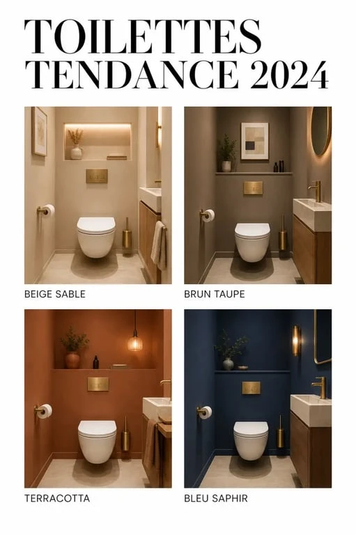 Couleur wc tendance 2024 : moodboard de toilettes beige sable, brun taupe, terracotta et bleu saphir