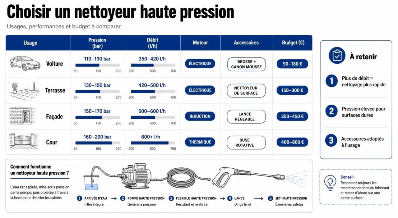Comparatif nettoyeur haute pression achat avec critères de choix par usage, pression, débit et budget