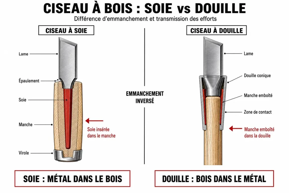 Schéma comparatif des types de ciseaux à bois : soie vs douille