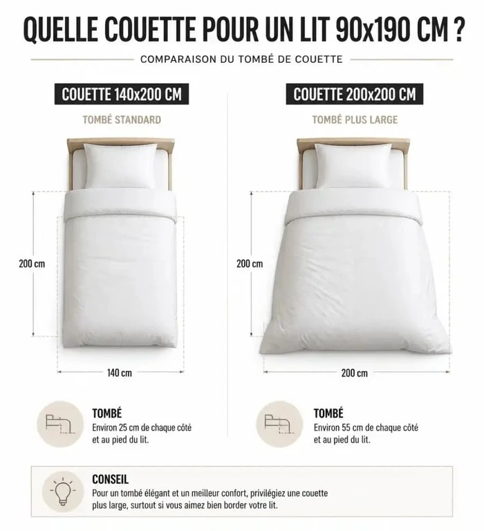 Comparatif visuel des tailles de couette pour un lit 90x190 : 140x200 cm vs 200x200 cm pour choisir la bonne taille de couette.