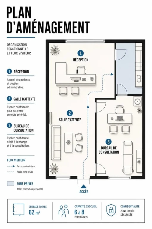 Schéma d'agencement de bureaux pour professions libérales illustrant les zones de circulation et de confidentialité