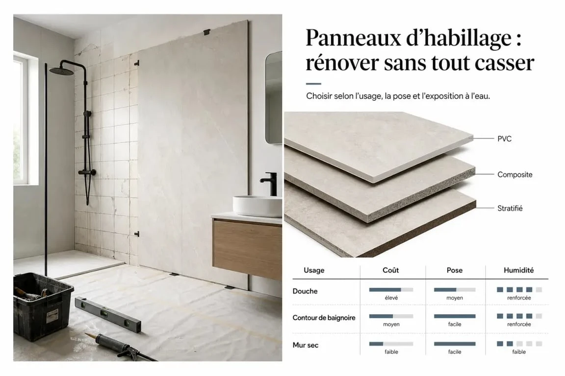 Panneaux d'habillage pour rénover sa salle de bains pas cher : comparaison visuelle des matériaux et de leur usage