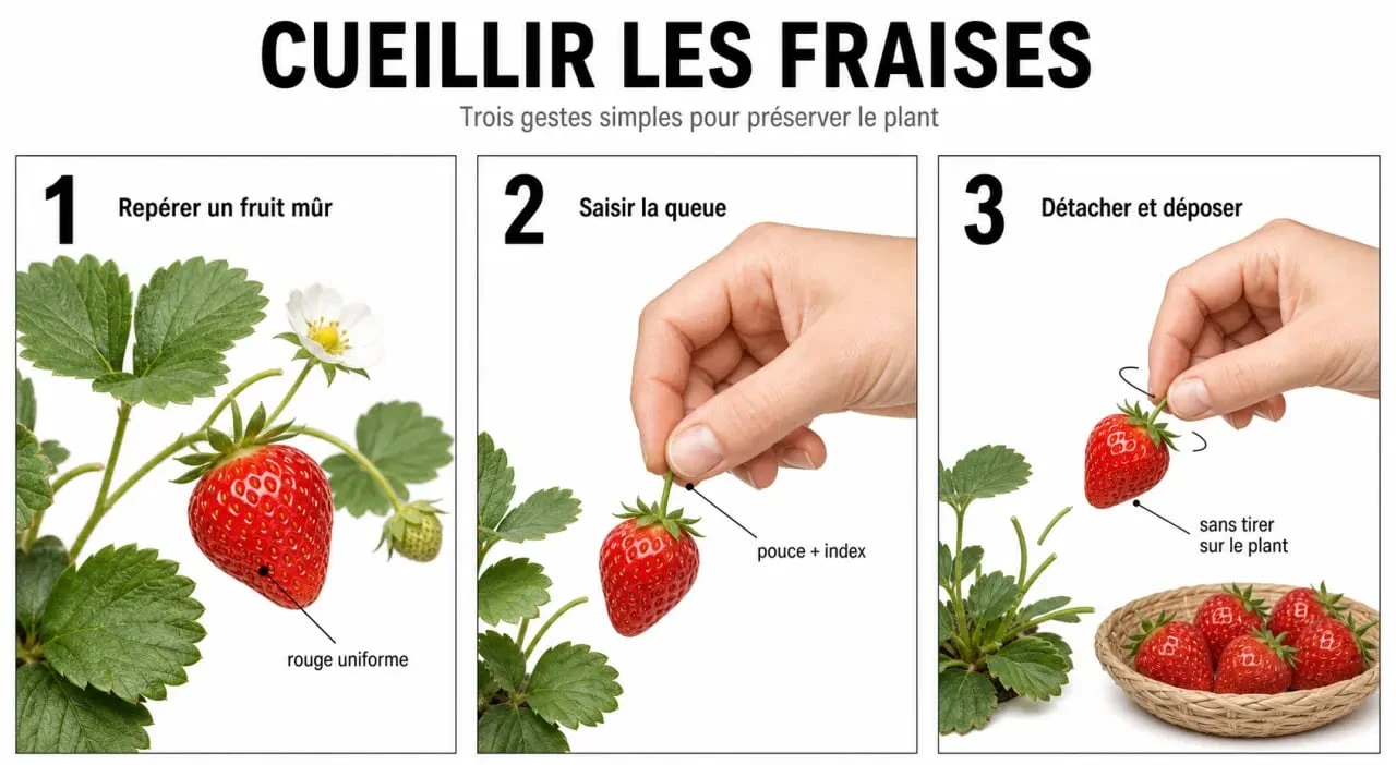 Comment cueillir les fraises : gestes pour repérer une fraise mûre, la saisir par la queue et la déposer sans l’abîmer