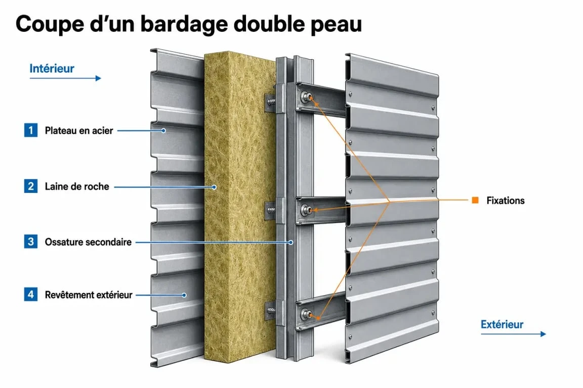Schéma technique d'une coupe de bardage double peau pour bâtiment industriel