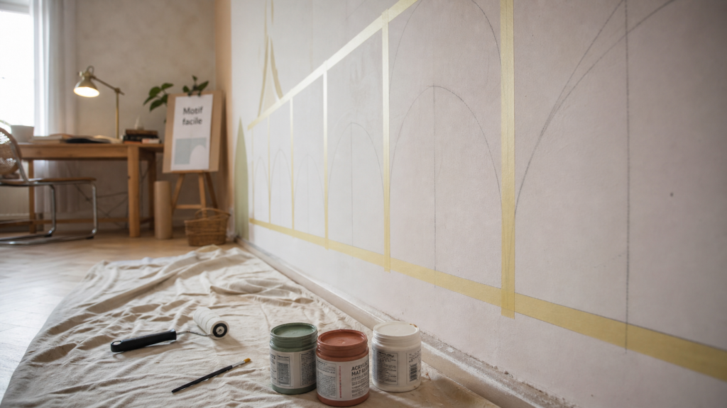 Fresque murale facile à faire : ruban et formes simples sur mur préparé