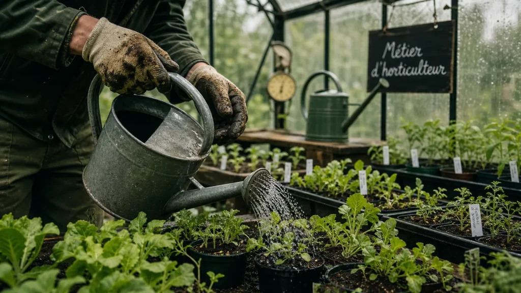 Horticulteur metier arrose de jeunes plants en serre