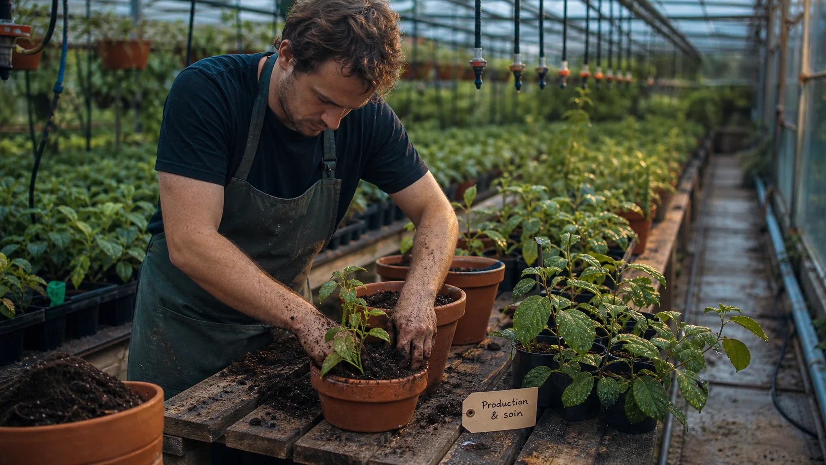 Horticulteur metier en serre, rempotage de jeunes plants