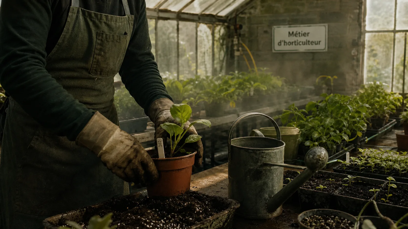 Horticulteur metier manipulant un pot en serre, plants et irrigation