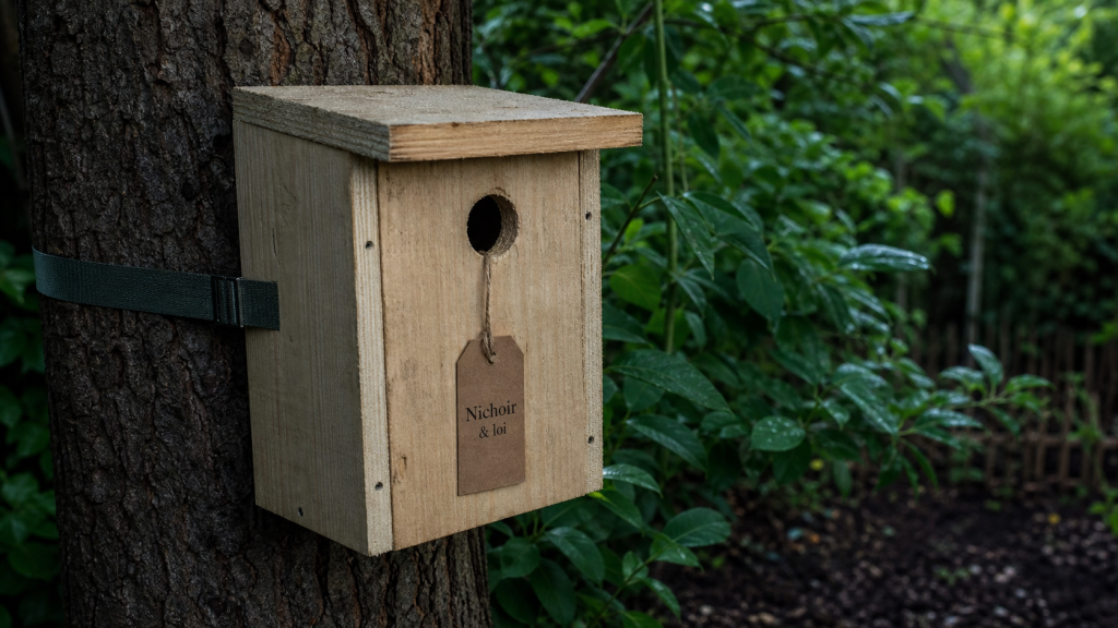Installer un nichoir : que dit la loi ? Nichoir en bois dans un jardin privé, à respecter.