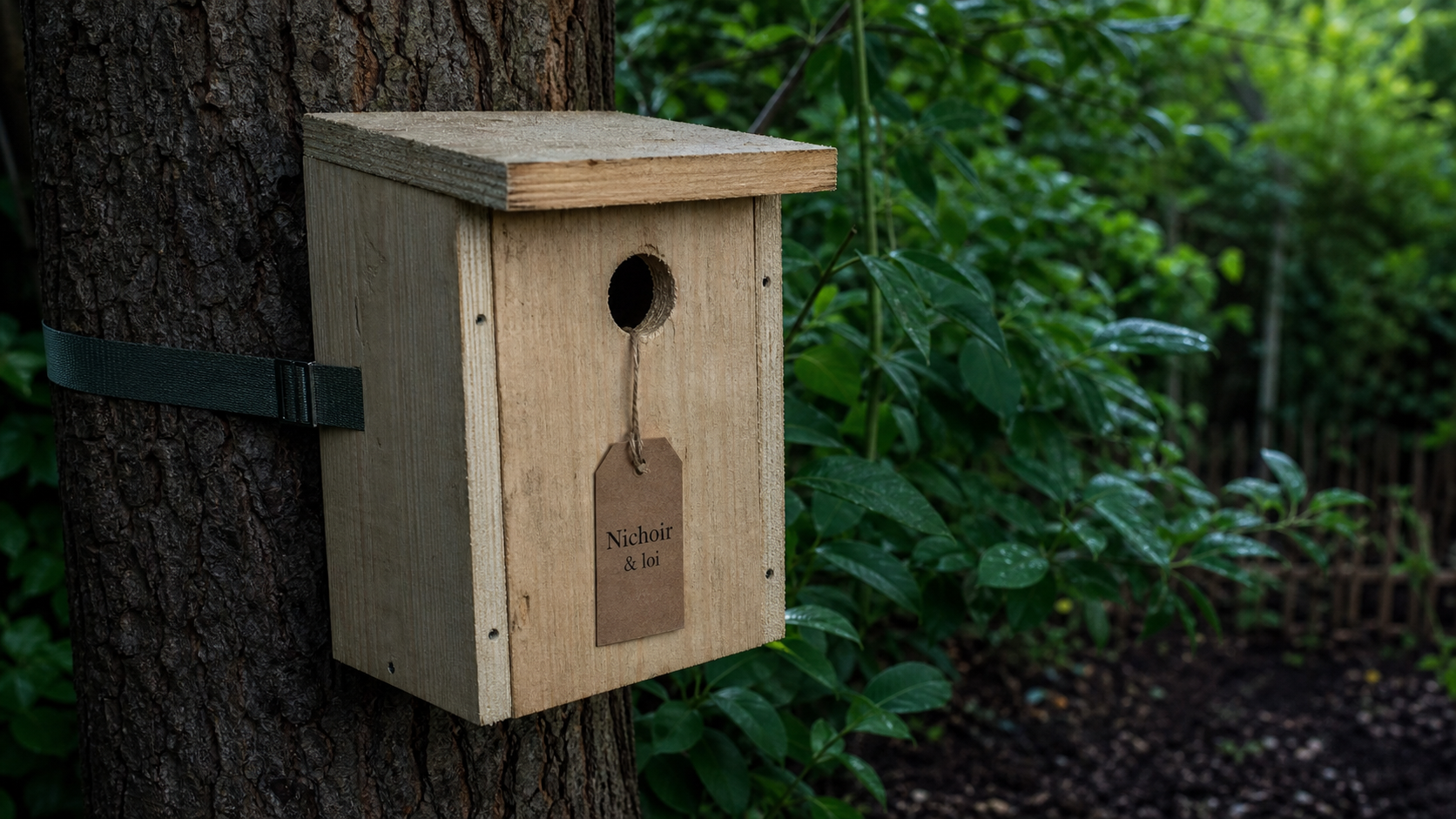 Installer un nichoir : que dit la loi ? Nichoir en bois dans un jardin privé, à respecter.
