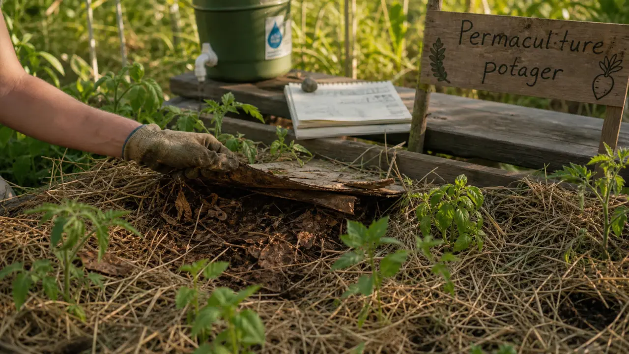 La permaculture au potager : paillage en lasagnes avec carton et jeunes plants.