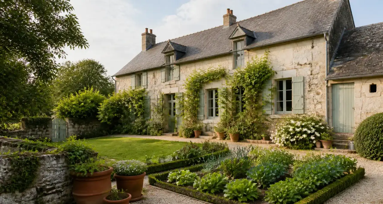 Maison en pierre claire avec jardin verdoyant, potager et pots en terre cuite