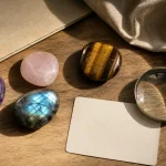 Pierres naturelles : améthyste, quartz rose, labradorite et œil de tigre sur fond bois clair