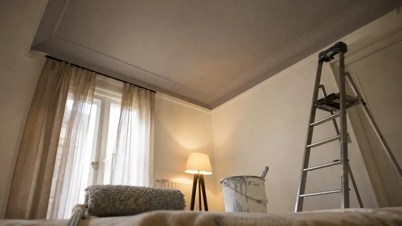 Plafond peinture couleur gris chaud mat dans une chambre lumineuse