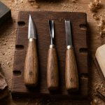 Sculpture sur bois outils : couteau, gouge et burin sur établi