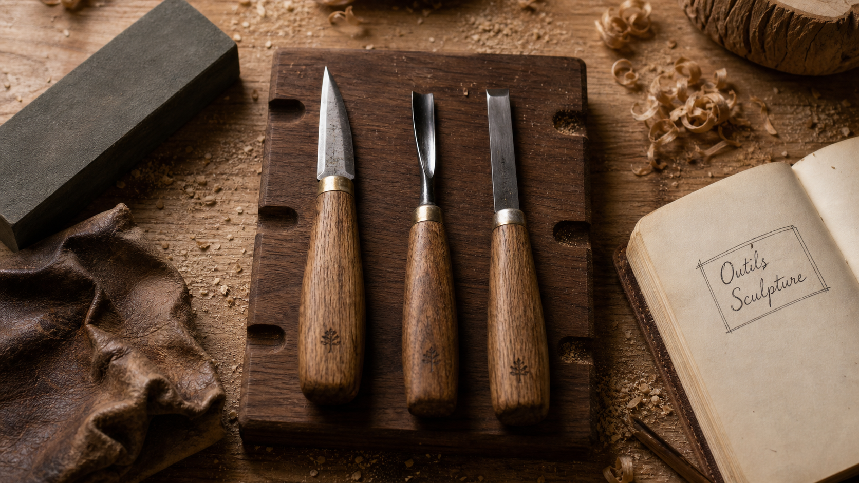 Sculpture sur bois outils : couteau, gouge et burin sur établi