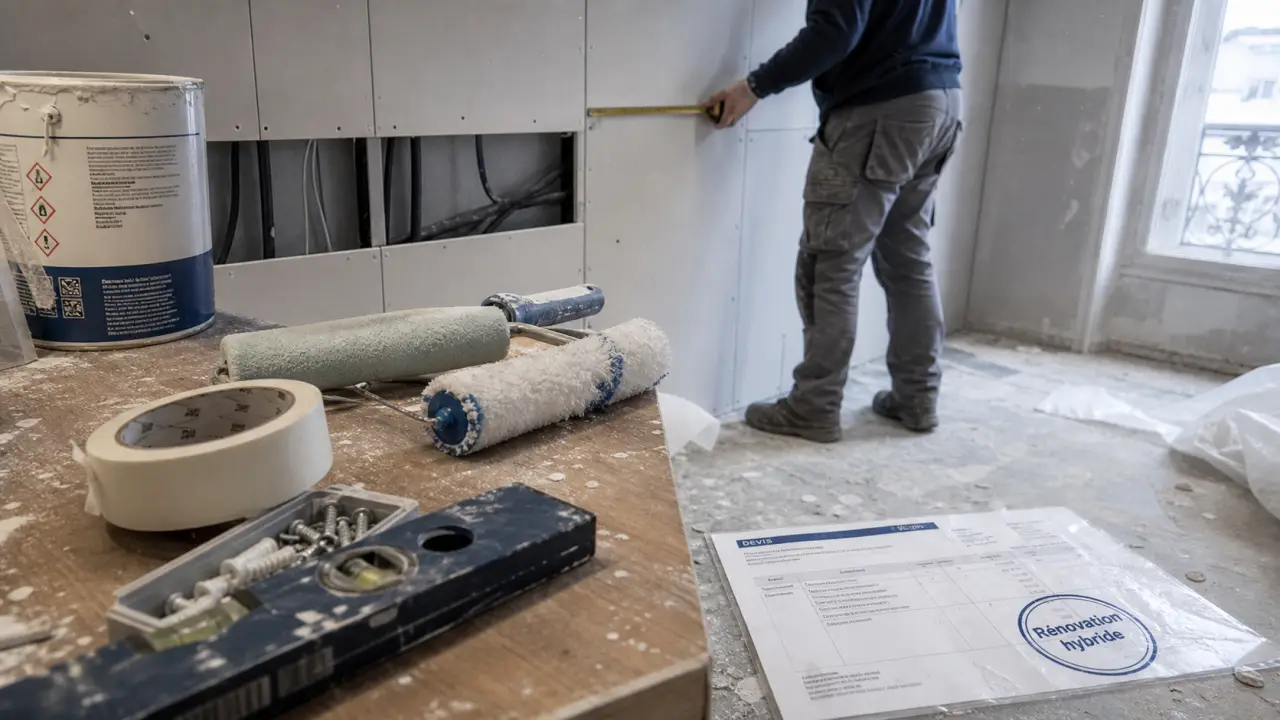 artisan-renovation conseils travaux diy : artisan mesure et contrôle niveau sur chantier de rénovation intérieure