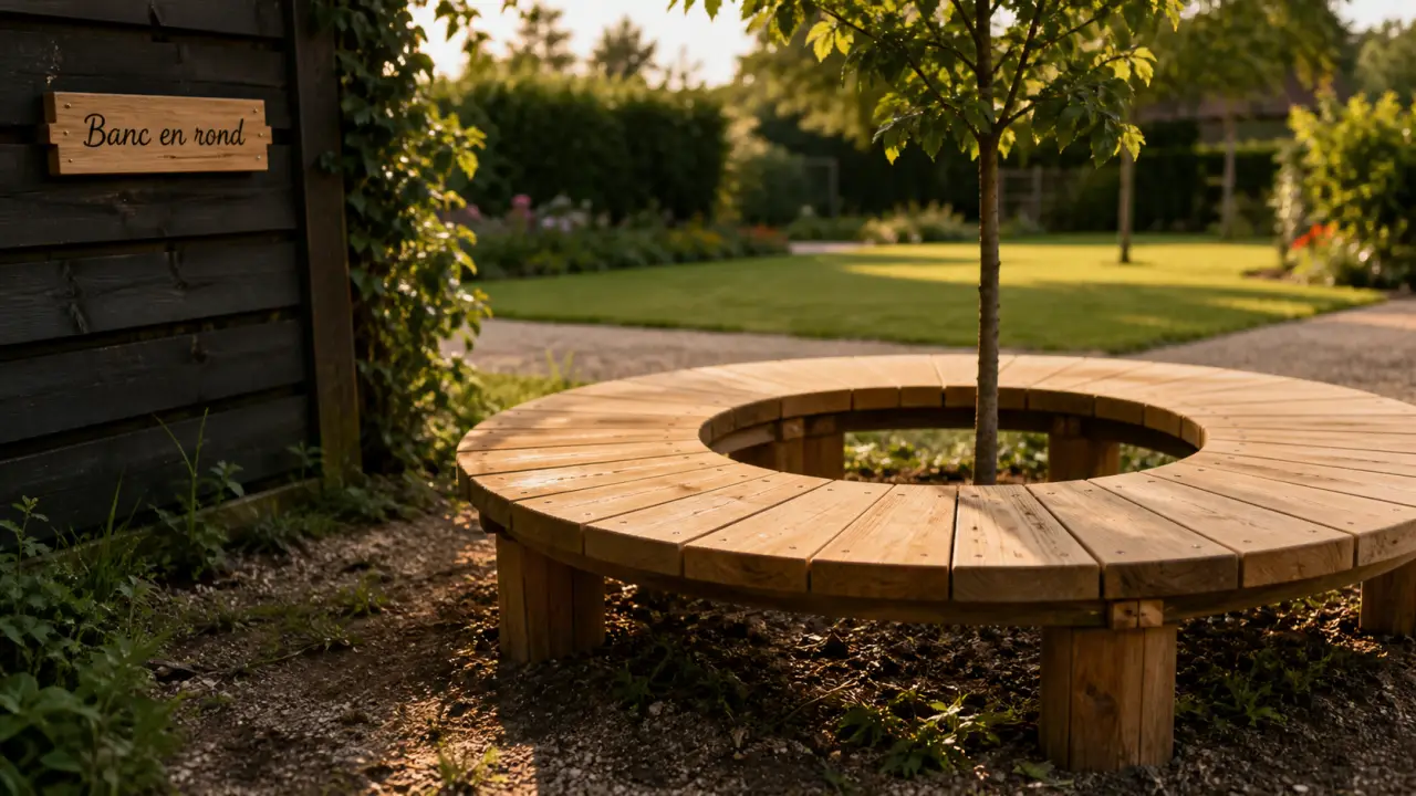 Banc en rond tour d’arbre en bois dans un jardin