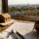 Constructeur maison Valence : plan de terrain et documents de permis sur chantier