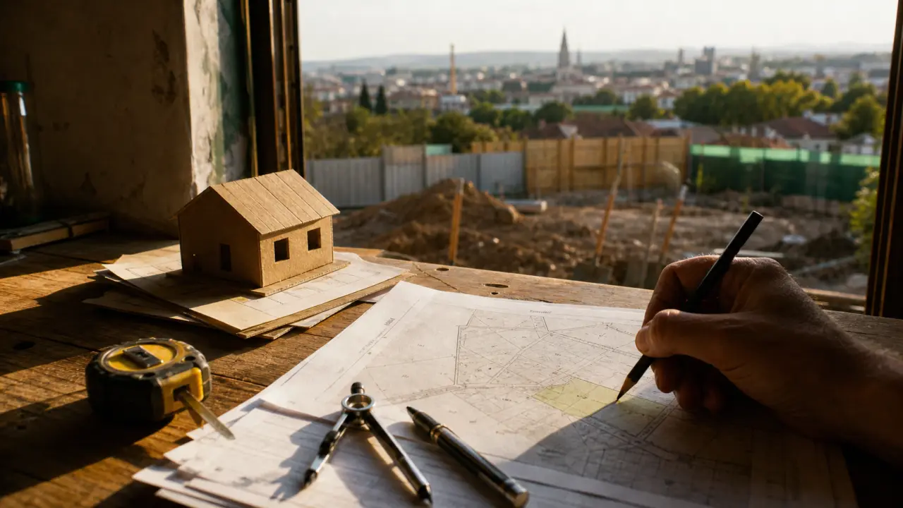 Constructeur maison Valence : plan de terrain et documents de permis sur chantier