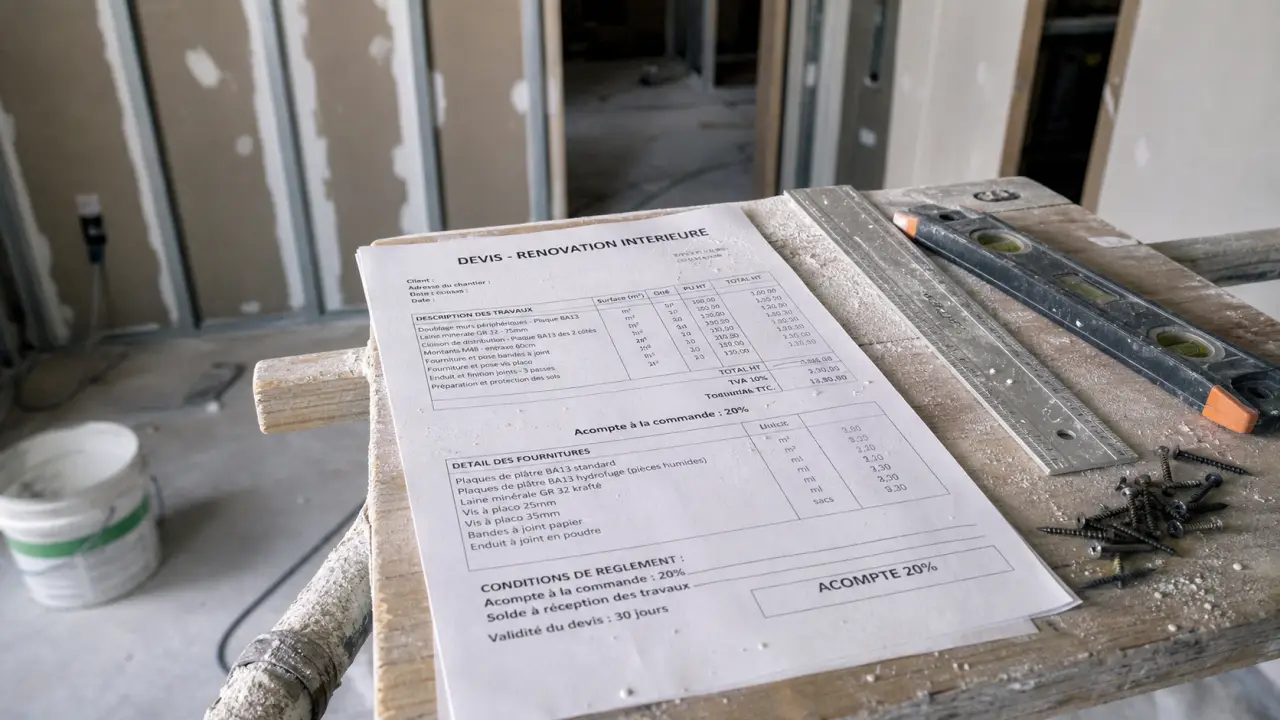 Devis placo chantier BA13 prix au m²