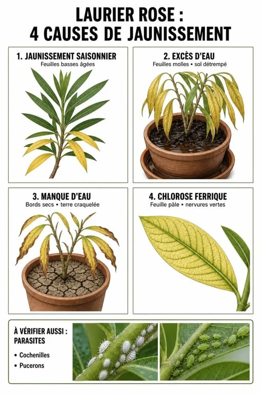 Laurier rose jauni : comparaison visuelle des symptômes d’excès d’eau, de manque d’eau, de chlorose et de parasites