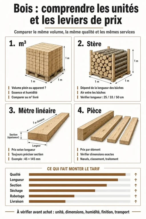 Prix bois au m3 : unités de vente et critères à vérifier