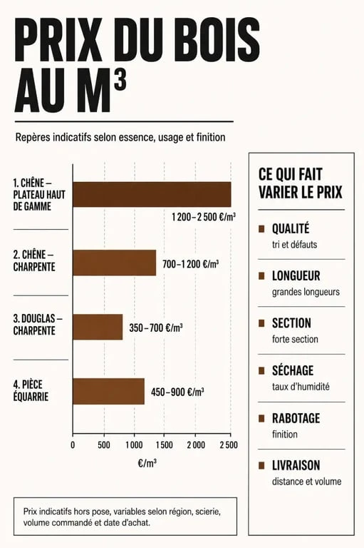 Prix bois au m3 comparatif par essence, usage et facteurs de variation